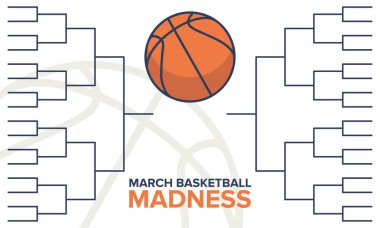 March Madness basketbol vektör logosu ve arka planı. Ulusal öğrenci basketbol şampiyonası. Turnuva playoff ızgarası. Harf ve oyun topu ile tasarım. 