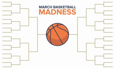 March Madness basketbol vektör logosu ve arka planı. Ulusal öğrenci basketbol şampiyonası. Turnuva playoff ızgarası. Harf ve oyun topu ile tasarım. 
