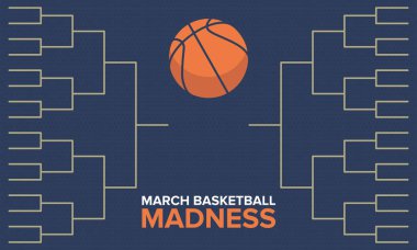 March Madness basketbol vektör logosu ve arka planı. Ulusal öğrenci basketbol şampiyonası. Turnuva playoff ızgarası. Harf ve oyun topu ile tasarım. 