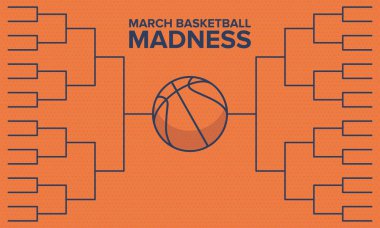 March Madness basketbol vektör logosu ve arka planı. Ulusal öğrenci basketbol şampiyonası. Turnuva playoff ızgarası. Harf ve oyun topu ile tasarım. 