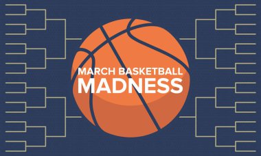 March Madness basketbol vektör logosu ve arka planı. Ulusal öğrenci basketbol şampiyonası. Turnuva playoff ızgarası. Harf ve oyun topu ile tasarım. 
