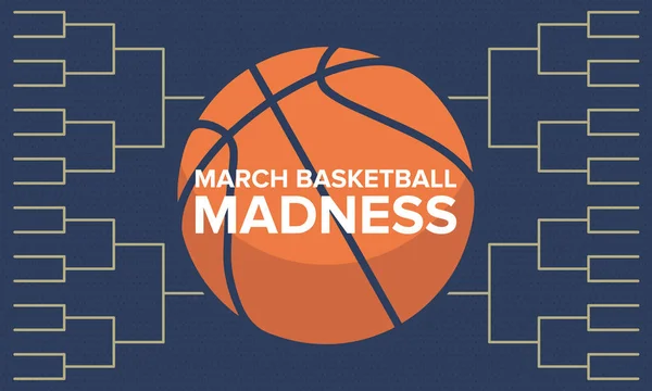 3月狂気バスケットボールベクトルのロゴと背景 全国学生バスケットボール選手権トーナメントのプレーオフグリッド レタリングとゲームボールとデザイン — ストックベクタ