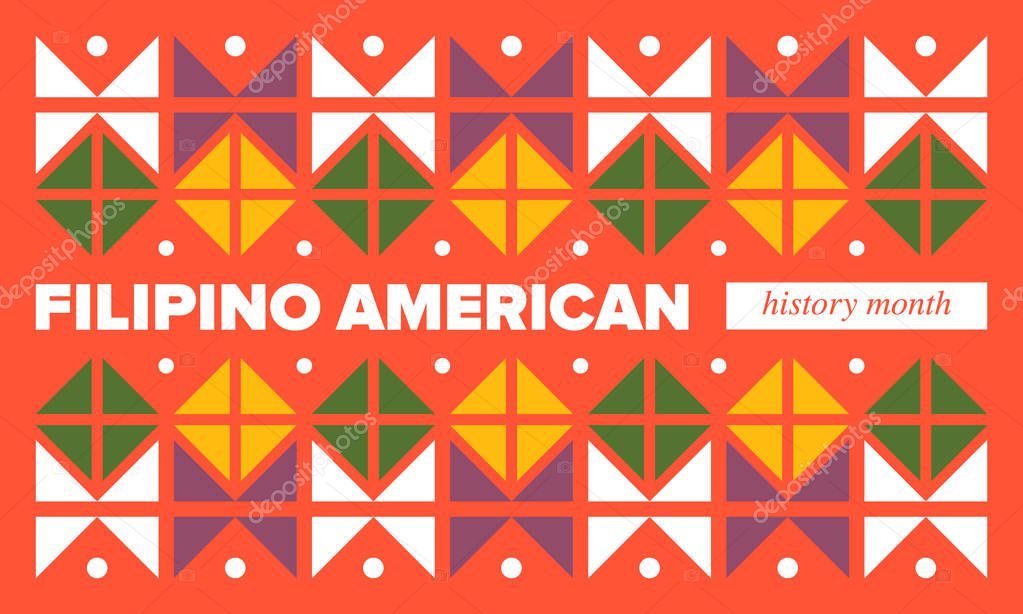 Filipino American History Month. Happy holiday celebrate annual in October. Filipinos and United States flag. Culture month. Patriotic design. Poster, card, banner, template. Vector illustration