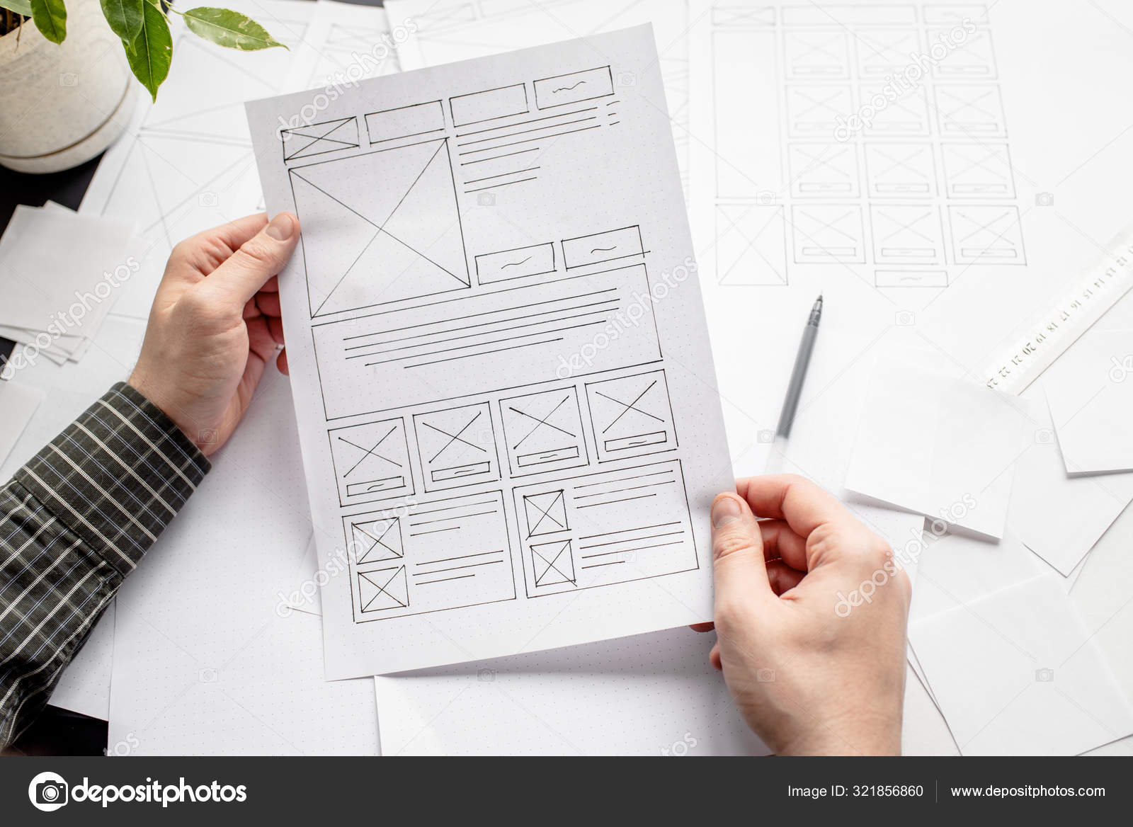 Website Designer Drawing Wireframe Sketch Prototype Framework Layout Future Project Stock Photo scoutori 321856860