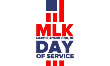 Mlk servis günü. Martin Luther King, Jr. 'ın onuruna Ocak ayında ABD' de yıllık kutlamalar yapıldı. Afrikalı Amerikan Hakları Savaşçısı. Vatansever Amerikan unsurları. Poster, kart, afiş, geçmiş. Vektör illüstrasyonu