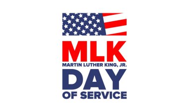 Mlk servis günü. Martin Luther King, Jr. 'ın onuruna Ocak ayında ABD' de yıllık kutlamalar yapıldı. Afrikalı Amerikan Hakları Savaşçısı. Vatansever Amerikan unsurları. Poster, kart, afiş, geçmiş. Vektör illüstrasyonu