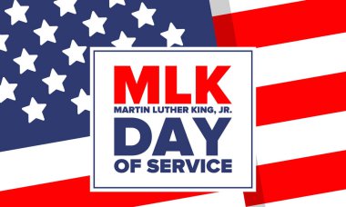 Mlk servis günü. Martin Luther King, Jr. 'ın onuruna Ocak ayında ABD' de yıllık kutlamalar yapıldı. Afrikalı Amerikan Hakları Savaşçısı. Vatansever Amerikan unsurları. Poster, kart, afiş, geçmiş. Vektör illüstrasyonu
