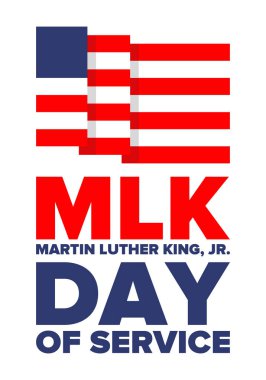 Mlk servis günü. Martin Luther King, Jr. 'ın onuruna Ocak ayında ABD' de yıllık kutlamalar yapıldı. Afrikalı Amerikan Hakları Savaşçısı. Vatansever Amerikan unsurları. Poster, kart, afiş, geçmiş. Vektör illüstrasyonu
