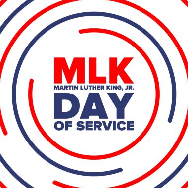 Mlk servis günü. Martin Luther King, Jr. 'ın onuruna Ocak ayında ABD' de yıllık kutlamalar yapıldı. Afrikalı Amerikan Hakları Savaşçısı. Vatansever Amerikan unsurları. Poster, kart, afiş, geçmiş. Vektör illüstrasyonu