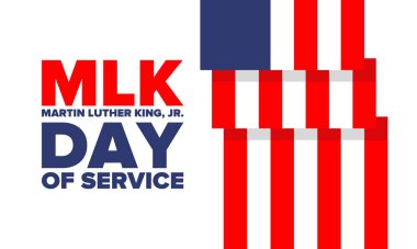 Mlk servis günü. Martin Luther King, Jr. 'ın onuruna Ocak ayında ABD' de yıllık kutlamalar yapıldı. Afrikalı Amerikan Hakları Savaşçısı. Vatansever Amerikan unsurları. Poster, kart, afiş, geçmiş. Vektör illüstrasyonu