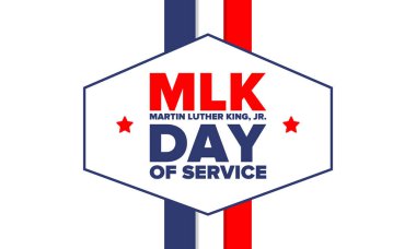 Mlk servis günü. Martin Luther King, Jr. 'ın onuruna Ocak ayında ABD' de yıllık kutlamalar yapıldı. Afrikalı Amerikan Hakları Savaşçısı. Vatansever Amerikan unsurları. Poster, kart, afiş, geçmiş. Vektör illüstrasyonu