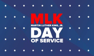 Mlk servis günü. Martin Luther King, Jr. 'ın onuruna Ocak ayında ABD' de yıllık kutlamalar yapıldı. Afrikalı Amerikan Hakları Savaşçısı. Vatansever Amerikan unsurları. Poster, kart, afiş, geçmiş. Vektör illüstrasyonu