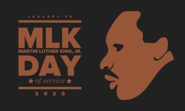 Mlk servis günü. Martin Luther King, Jr. 'ın onuruna Ocak ayında ABD' de yıllık kutlamalar yapıldı. Afrikalı Amerikan Hakları Savaşçısı. Vatansever Amerikan unsurları. Poster, kart, afiş, geçmiş. Vektör illüstrasyonu