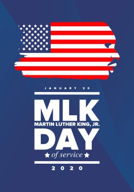 Mlk servis günü. Martin Luther King, Jr. 'ın onuruna Ocak ayında ABD' de yıllık kutlamalar yapıldı. Afrikalı Amerikan Hakları Savaşçısı. Vatansever Amerikan unsurları. Poster, kart, afiş, geçmiş. Vektör illüstrasyonu