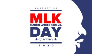 Mlk servis günü. Martin Luther King, Jr. 'ın onuruna Ocak ayında ABD' de yıllık kutlamalar yapıldı. Afrikalı Amerikan Hakları Savaşçısı. Vatansever Amerikan unsurları. Poster, kart, afiş, geçmiş. Vektör illüstrasyonu