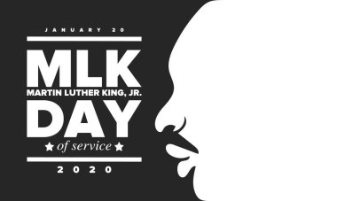 Mlk servis günü. Martin Luther King, Jr. 'ın onuruna Ocak ayında ABD' de yıllık kutlamalar yapıldı. Afrikalı Amerikan Hakları Savaşçısı. Vatansever Amerikan unsurları. Poster, kart, afiş, geçmiş. Vektör illüstrasyonu