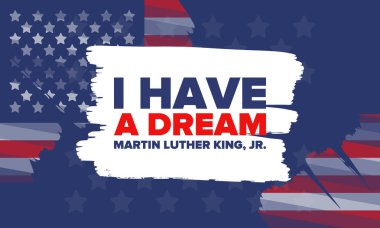 Mlk günü. Martin Luther King, Jr. 'ın onuruna Ocak ayında ABD' de yıllık kutlamalar yapıldı. Afrikalı Amerikan Hakları Savaşçısı. Vatansever Amerikan unsurları. Vektör posteri
