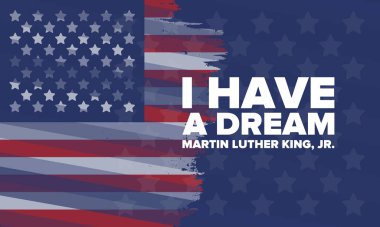 Mlk servis günü. Martin Luther King, Jr. 'ın onuruna Ocak ayında ABD' de yıllık kutlamalar yapıldı. Afrikalı Amerikan Hakları Savaşçısı. Vatansever Amerikan unsurları. Vektör posteri