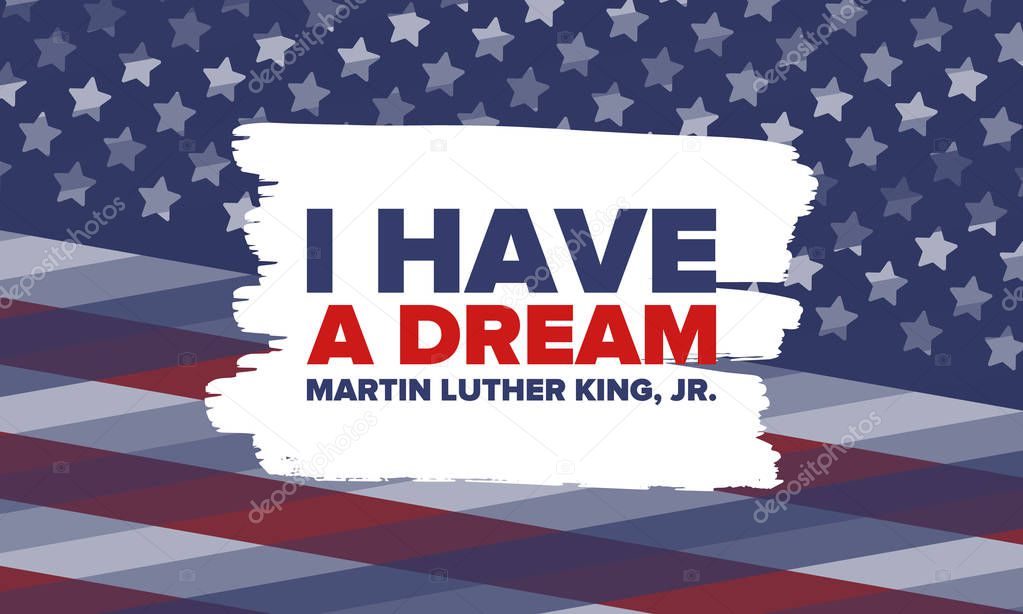 MLK day of service. Honor of Martin Luther King, Jr. Celebrated annual in United States in January, federal holiday. African American Rights Fighter. Patriotic american elements. Vector poster