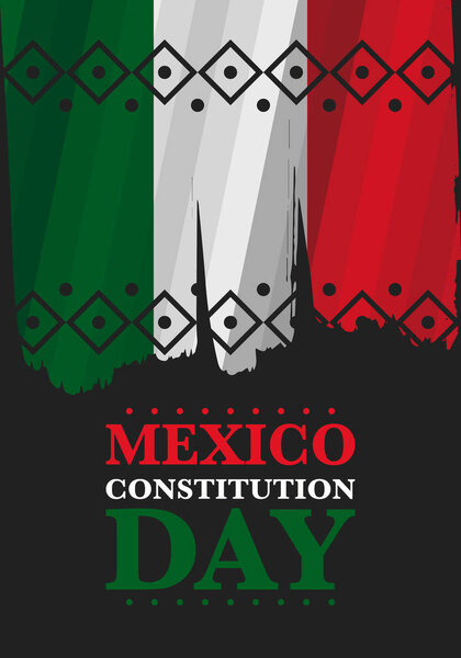 День Конституции в Мексике. Национальный счастливый праздник, отмечается ежегодно 4 февраля. Мексиканский узор и цвета. Патриотические элементы. Дизайн фестиваля. Плакат, открытка, баннер и фон. Векторная иллюстрация
