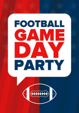 Maç günü. Amerikan futbolu playoff 'u. Amerika 'da Super Bowl Partisi. Normal sezonun son maçı. Profesyonel takım şampiyonluğu. Amerikan futbolu için top. Spor afişi. Vektör illüstrasyonu