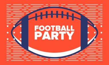 Maç günü. Amerikan futbolu playoff 'u. Amerika 'da Super Bowl Partisi. Normal sezonun son maçı. Profesyonel takım şampiyonluğu. Amerikan futbolu için top. Spor afişi. Vektör illüstrasyonu