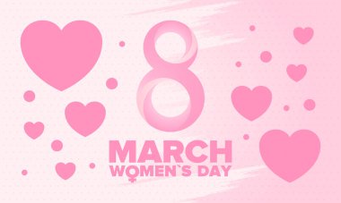 Mutlu Kadın Günleri. 8 Mart 'ta kutlanan uluslararası kadın dayanışması bayramı. Kadın hakları, kız gücü. Kadın burcu. Poster, kart, afiş ve geçmiş. Vektör illüstrasyonu