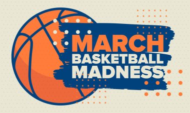 Mart Basketbol Çılgınlığı. Game Day Partisi. Profesyonel takım şampiyonluğu. Playoff ızgarası, turnuva desteği. Normal sezon ve final maçı. Basketbol topu. Spor afişi. Vektör illüstrasyonu