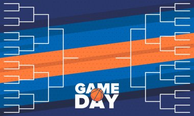 Mart Basketbol Çılgınlığı. Game Day Partisi. Profesyonel takım şampiyonluğu. Playoff ızgarası, turnuva desteği. Normal sezon ve final maçı. Basketbol topu. Spor afişi. Vektör illüstrasyonu