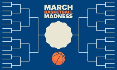 Mart Basketbol Çılgınlığı. Game Day Partisi. Profesyonel takım şampiyonluğu. Playoff ızgarası, turnuva desteği. Normal sezon ve final maçı. Basketbol topu. Spor afişi. Vektör illüstrasyonu