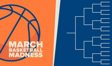Mart Basketbol Çılgınlığı. Game Day Partisi. Profesyonel takım şampiyonluğu. Playoff ızgarası, turnuva desteği. Normal sezon ve final maçı. Basketbol topu. Spor afişi. Vektör illüstrasyonu
