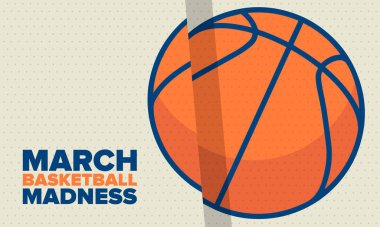 Mart Basketbol Çılgınlığı. Game Day Partisi. Profesyonel takım şampiyonluğu. Playoff ızgarası, turnuva desteği. Normal sezon ve final maçı. Basketbol topu. Spor afişi. Vektör illüstrasyonu