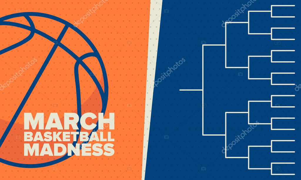 March Basketball Madness. Game Day Party. Professional team championship. Playoff grid, tournament bracket. Regular season and final game. Ball for basketball. Sport poster. Vector illustration