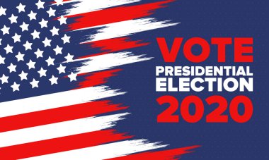 Birleşik Devletler 'de 2020 Başkanlık Seçimi. Oylama günü, 3 Kasım. Biz Seçimleri. Vatansever Amerikan unsuru. Poster, kart, afiş ve geçmiş. Vektör illüstrasyonu