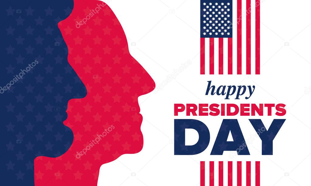 Happy Presidents day in United States. Washington's Birthday. Federal holiday in America. Celebrated in February. Patriotic american elements. Poster, banner and background. Vector illustration