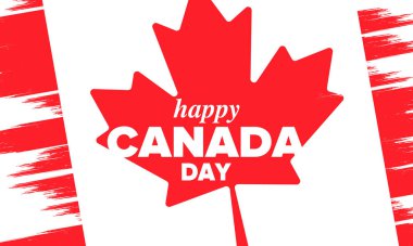 Kanada günün kutlu olsun. Ulusal bayram, her yıl 1 Temmuz 'da kutlanır. Kanada bayrağı. Akçaağaç yaprağı. Vatanseverlik sembolü ve unsurları. Poster, kart, afiş ve geçmiş. Vektör illüstrasyonu