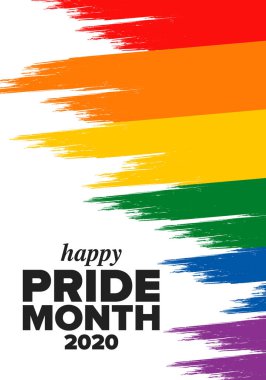 Haziran ayında LGBT Gurur Ayı. Lezbiyen Gey Biseksüel Transseksüel. Yıllık kutlama. LGBT bayrağı. Gökkuşağı aşk konsepti. İnsan hakları ve hoşgörü. Poster, kart, afiş ve geçmiş. Vektör ilüstrasyonu