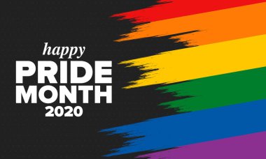 Haziran ayında LGBT Gurur Ayı. Lezbiyen Gey Biseksüel Transseksüel. Yıllık kutlama. LGBT bayrağı. Gökkuşağı aşk konsepti. İnsan hakları ve hoşgörü. Poster, kart, afiş ve geçmiş. Vektör ilüstrasyonu