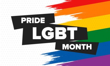 Haziran ayında LGBT Gurur Ayı. Lezbiyen Gey Biseksüel Transseksüel. Yıllık kutlama. LGBT bayrağı. Gökkuşağı aşk konsepti. İnsan hakları ve hoşgörü. Poster, kart, afiş ve geçmiş. Vektör ilüstrasyonu