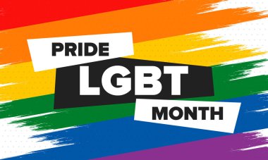 Haziran ayında LGBT Gurur Ayı. Lezbiyen Gey Biseksüel Transseksüel. Yıllık kutlama. LGBT bayrağı. Gökkuşağı aşk konsepti. İnsan hakları ve hoşgörü. Poster, kart, afiş ve geçmiş. Vektör ilüstrasyonu