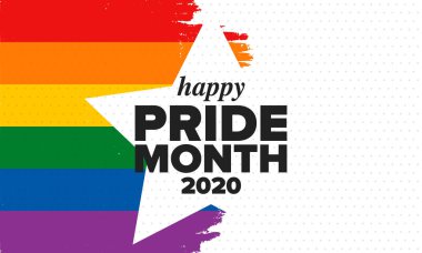 Haziran ayında LGBT Gurur Ayı. Lezbiyen Gey Biseksüel Transseksüel. Yıllık kutlama. LGBT bayrağı. Gökkuşağı aşk konsepti. İnsan hakları ve hoşgörü. Poster, kart, afiş ve geçmiş. Vektör ilüstrasyonu