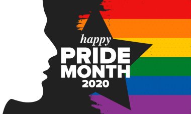 Haziran ayında LGBT Gurur Ayı. Lezbiyen Gey Biseksüel Transseksüel. Yıllık kutlama. LGBT bayrağı. Gökkuşağı aşk konsepti. İnsan hakları ve hoşgörü. Poster, kart, afiş ve geçmiş. Vektör ilüstrasyonu