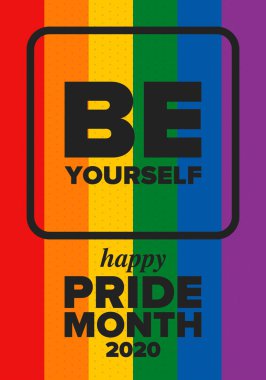 Haziran ayında LGBT Gurur Ayı. Lezbiyen Gey Biseksüel Transseksüel. Yıllık kutlama. LGBT bayrağı. Gökkuşağı aşk konsepti. İnsan hakları ve hoşgörü. Poster, kart, afiş ve geçmiş. Vektör ilüstrasyonu