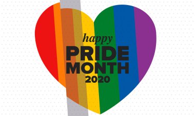 Haziran ayında LGBT Gurur Ayı. Lezbiyen Gey Biseksüel Transseksüel. Yıllık kutlama. LGBT bayrağı. Gökkuşağı aşk konsepti. İnsan hakları ve hoşgörü. Poster, kart, afiş ve geçmiş. Vektör ilüstrasyonu