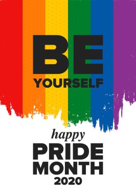 Haziran ayında LGBT Gurur Ayı. Lezbiyen Gey Biseksüel Transseksüel. Yıllık kutlama. LGBT bayrağı. Gökkuşağı aşk konsepti. İnsan hakları ve hoşgörü. Poster, kart, afiş ve geçmiş. Vektör ilüstrasyonu
