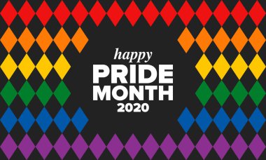 Haziran ayında LGBT Gurur Ayı. Lezbiyen Gey Biseksüel Transseksüel. Yıllık kutlama. LGBT bayrağı. Gökkuşağı aşk konsepti. İnsan hakları ve hoşgörü. Poster, kart, afiş ve geçmiş. Vektör ilüstrasyonu