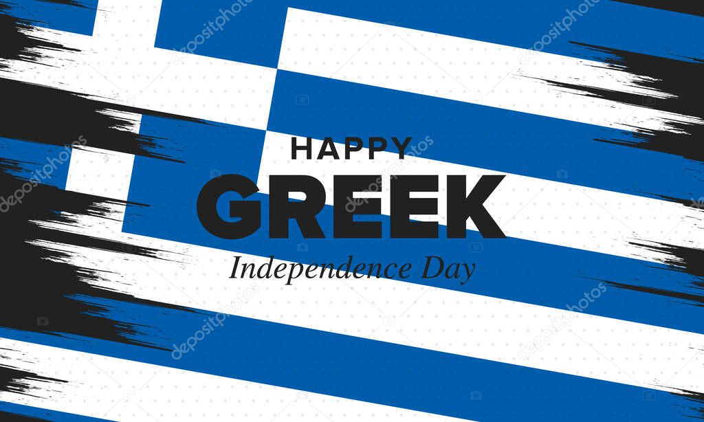 Greek Independence Day. National happy holiday, celebrated annual in March 25. Greece flag. Greek blue color. Patriotic elements. Poster, card, banner and background. Vector illustration