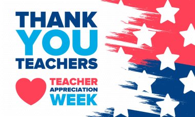 Amerika 'da Öğretmen Takdir Haftası. Mayıs 'ta yıllık kutlama. Çocuklarımızı çalıştıran ve eğiten öğretmenlerin onuruna. Okul ve eğitim. Öğrenci konsepti. Vektör illüstrasyonu