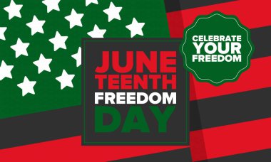 Haziran Bağımsızlık Günü 'nde. Özgürlük ya da Özgürlük Günü. Yıllık Amerikan bayramı, 19 Haziran 'da kutlandı. Afro-Amerikan tarihi ve mirası. Poster, tebrik kartı, afiş ve geçmiş. Vektör