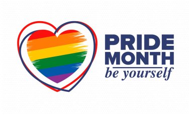 Haziran ayında LGBT Gurur Ayı. Lezbiyen Gey Biseksüel Transseksüel. Yıllık kutlama. LGBT bayrağı. Gökkuşağı aşk konsepti. İnsan hakları ve hoşgörü. Poster, kart, afiş ve geçmiş. Vektör ilüstrasyonu